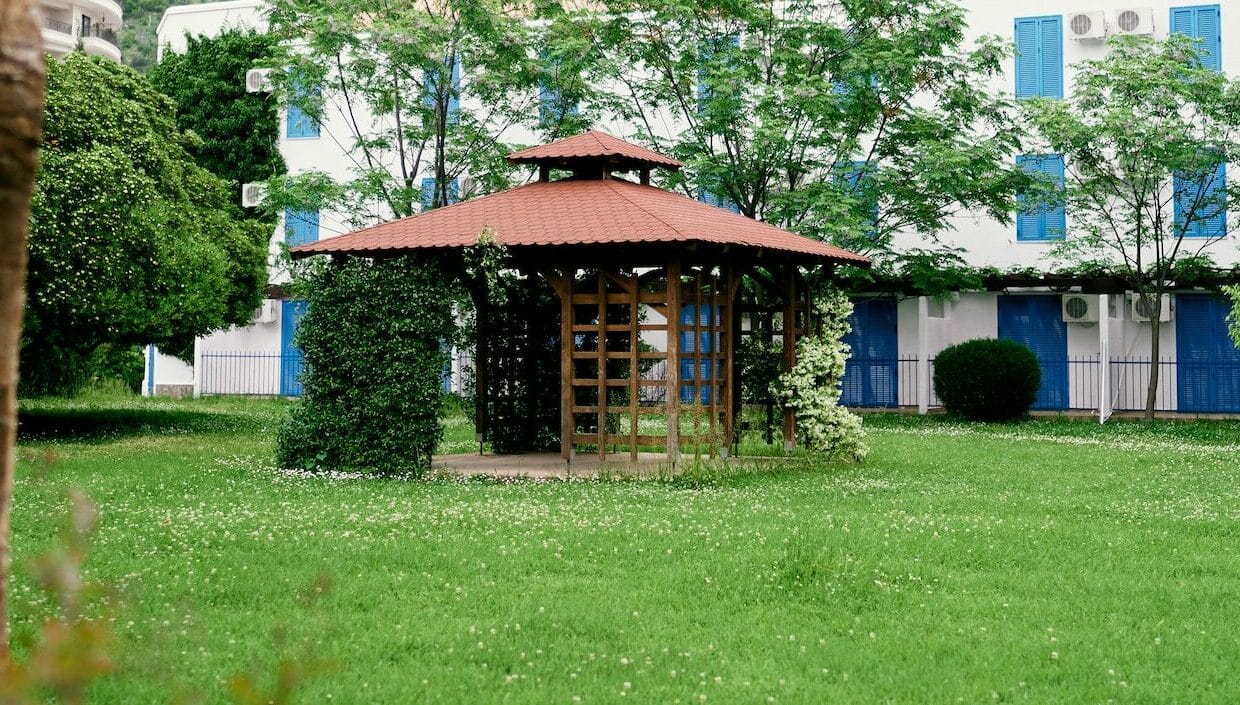 Gazebo entwined with greenery and flowers on the lawn in front of the house, surrounded by trees