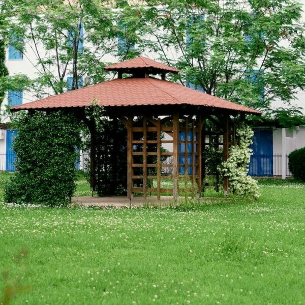 Gazebo entwined with greenery and flowers on the lawn in front of the house, surrounded by trees