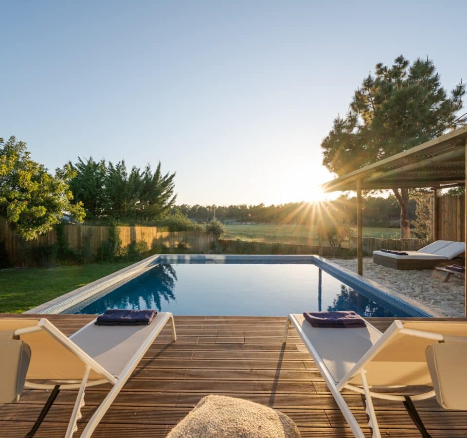 Modern villa with pool and deck with interior