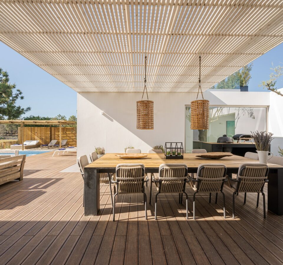 Modern villa with pool and deck with interior